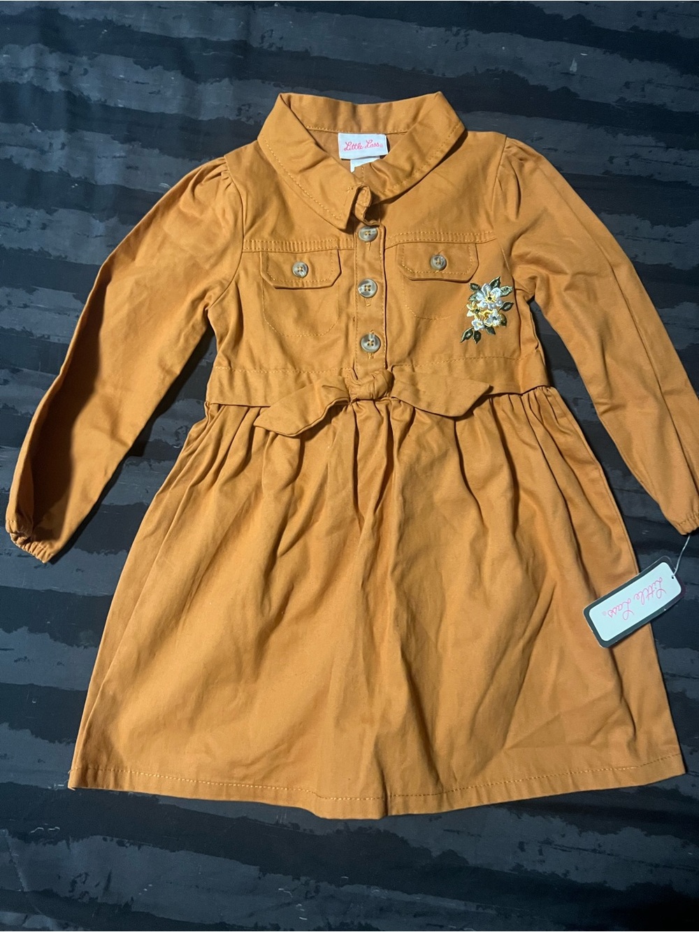 Little Lass Mustard Long-Sleeve Dress with Floral Embroidery (nwt)